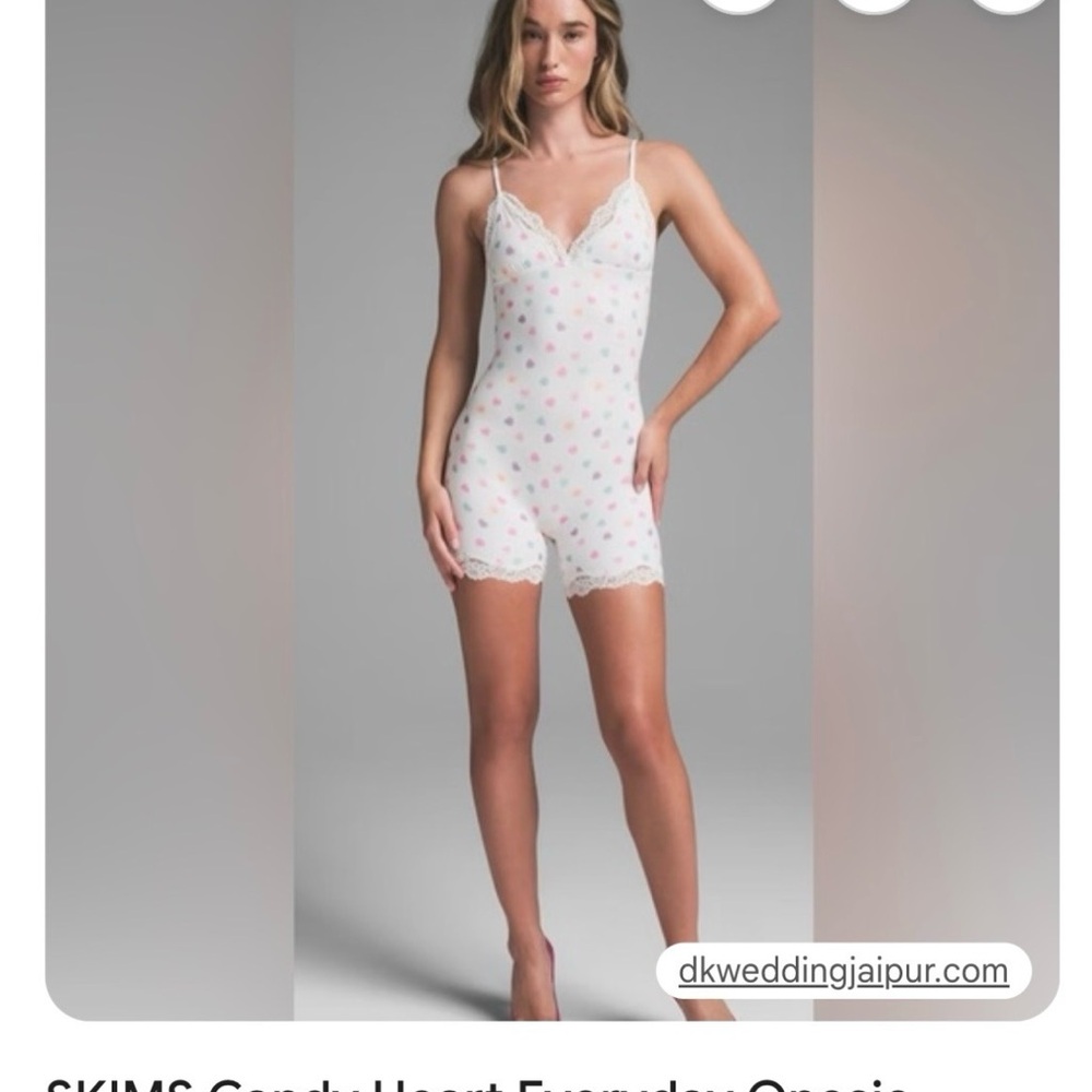 SKIMS White and Pink Heart Lace Chemise